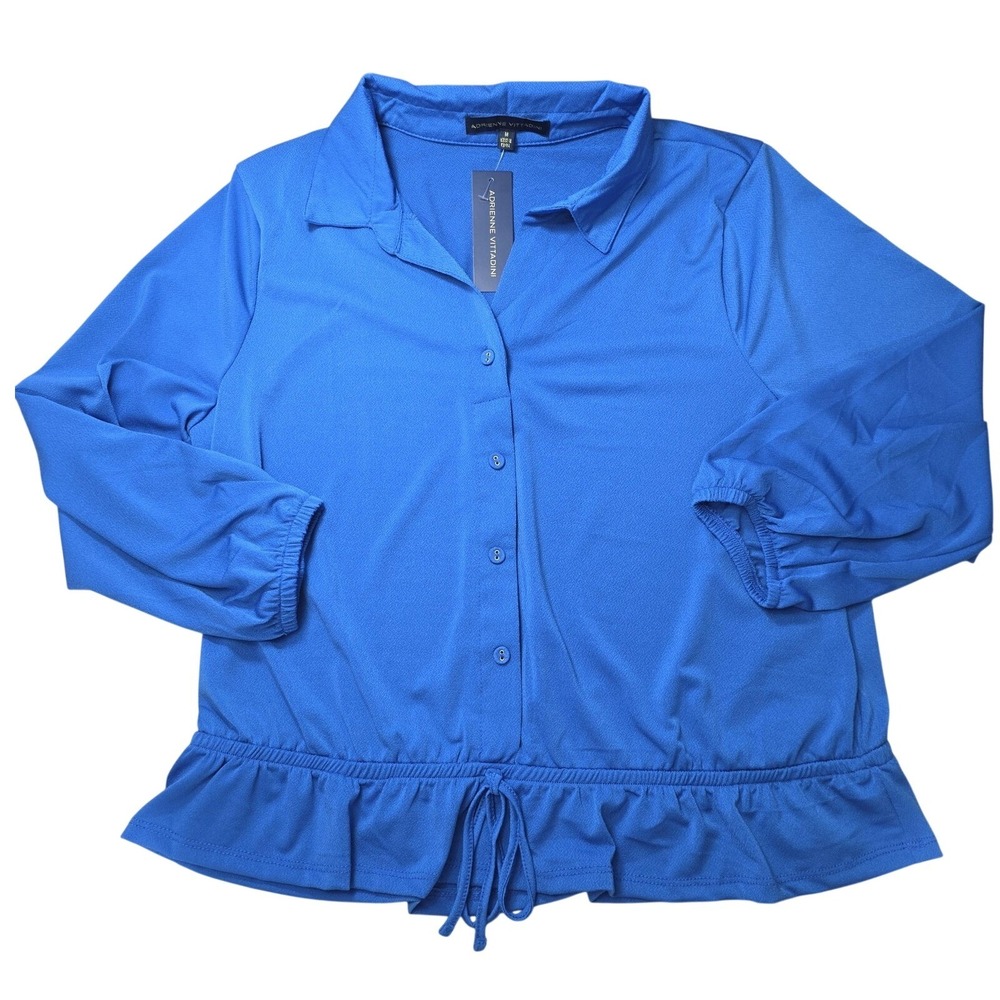 Adrienne Vittadini Top‎ Women M Royal Blue Ruffle Hem Button Preppy Office Siren